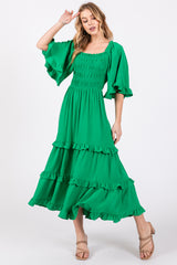 Green Smocked Ruffle Tiered Midi Dress