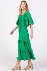 Green Smocked Ruffle Tiered Midi Dress