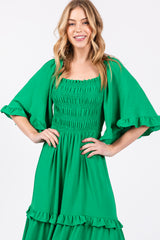 Green Smocked Ruffle Tiered Midi Dress