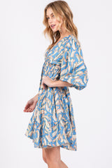 Blue Printed Tiered Sweetheart Dress