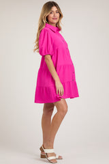 Fuchsia Button Front Tiered Collared Maternity Dress