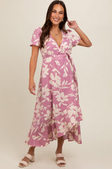 Pink Floral V Neck High Low Maternity Dress