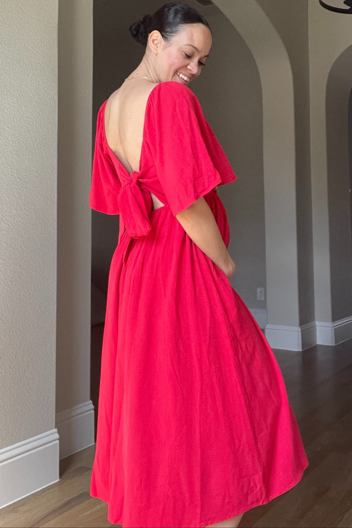 Red Flutter Short Sleeve Back Tie Cutout Maternity Midi Dress
