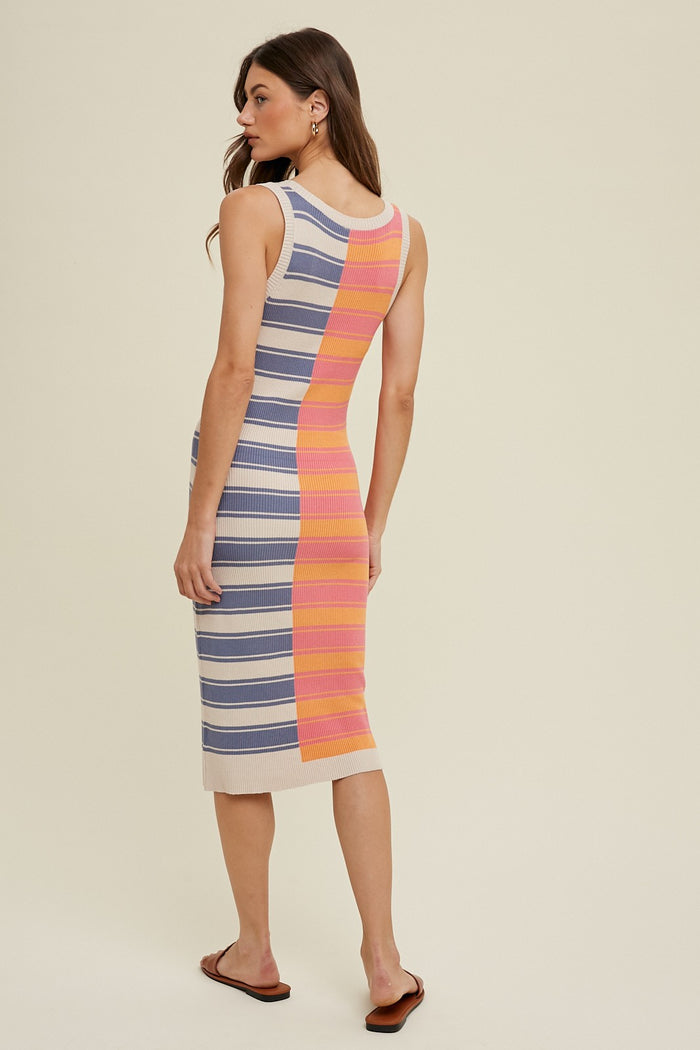Blue Colorblock Striped Fitted Midi Dress