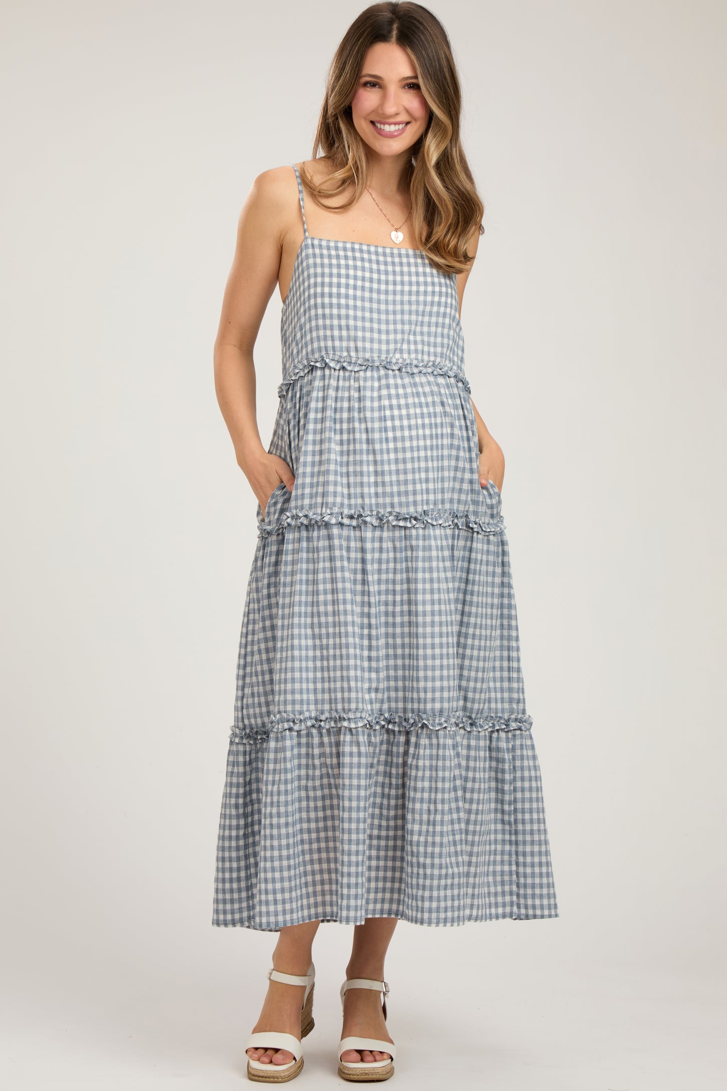 Blue Gingham Ruffle Tiered Maternity Midi Dress