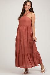 Rust Halter Tiered Maternity Maxi Dress