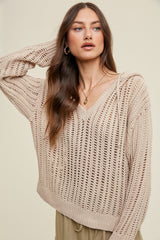 Taupe Open Knit Hooded Sweater