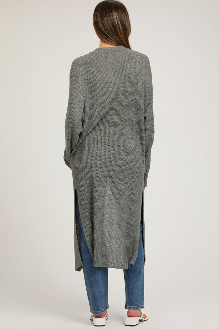Gray Knit Side Slit Long Maternity Cardigan