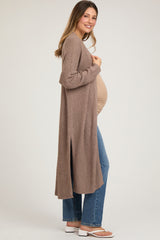 Mocha Knit Side Slit Long Maternity Cardigan