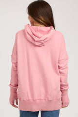 Pink Button Front Ribbed Trim Maternity Hooded Sweatshirt