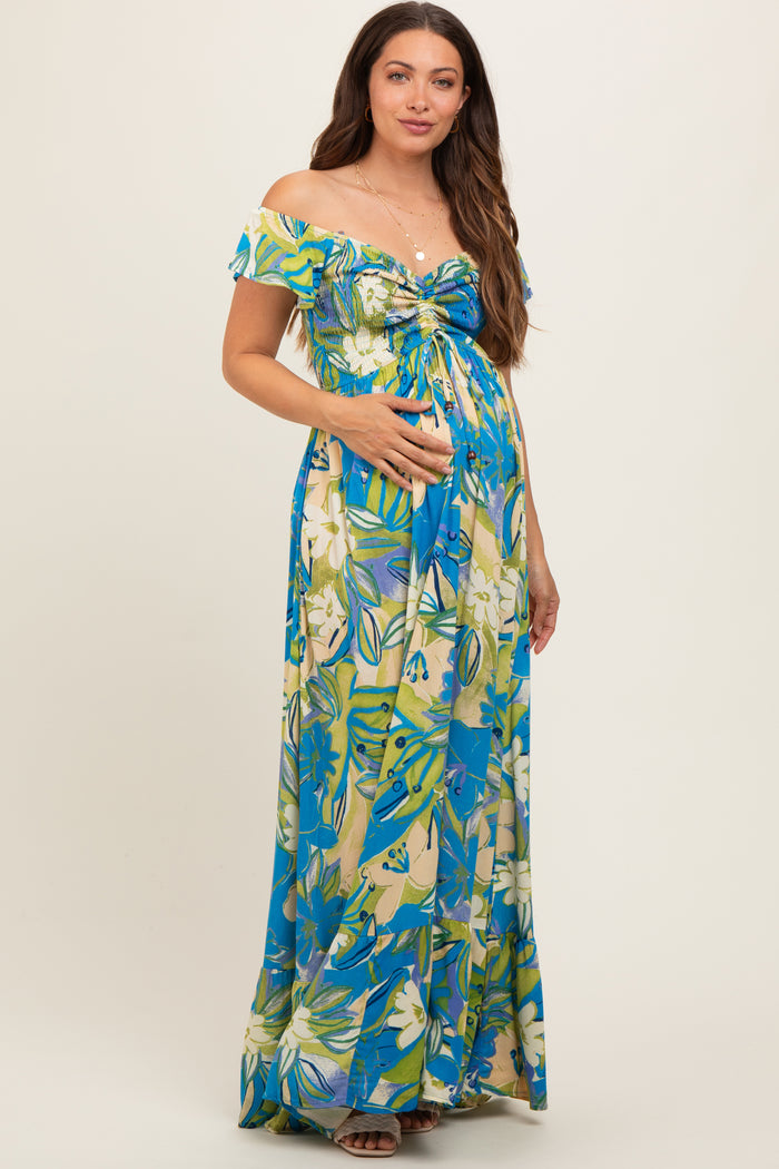 Blue Floral Smocked Off Shoulder Maternity Maxi Dress