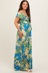 Blue Floral Smocked Off Shoulder Maternity Maxi Dress