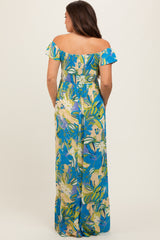 Blue Floral Smocked Off Shoulder Maternity Maxi Dress