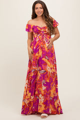 Coral Floral Smocked Off Shoulder Maternity Maxi Dress