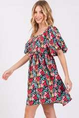 Black Floral Puff Sleeve Maternity Dress