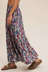 Navy Floral Tiered Midi Skirt