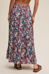 Navy Floral Tiered Midi Skirt