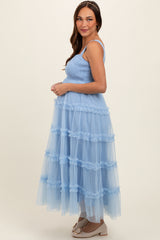 Light Blue Smocked Ruffle Tiered Tulle Maternity Midi Dress