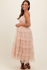 Beige Smocked Ruffle Tiered Tulle Maternity Midi Dress