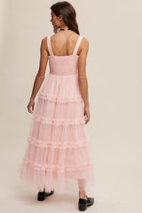 Light Pink Smocked Ruffle Tiered Tulle Midi Dress