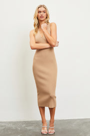 Taupe V-Neck Knit Midi Dress