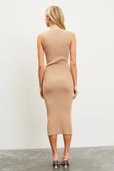 Taupe V-Neck Knit Midi Dress