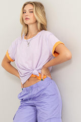 Lavender Raw Hem Short Sleeve Top