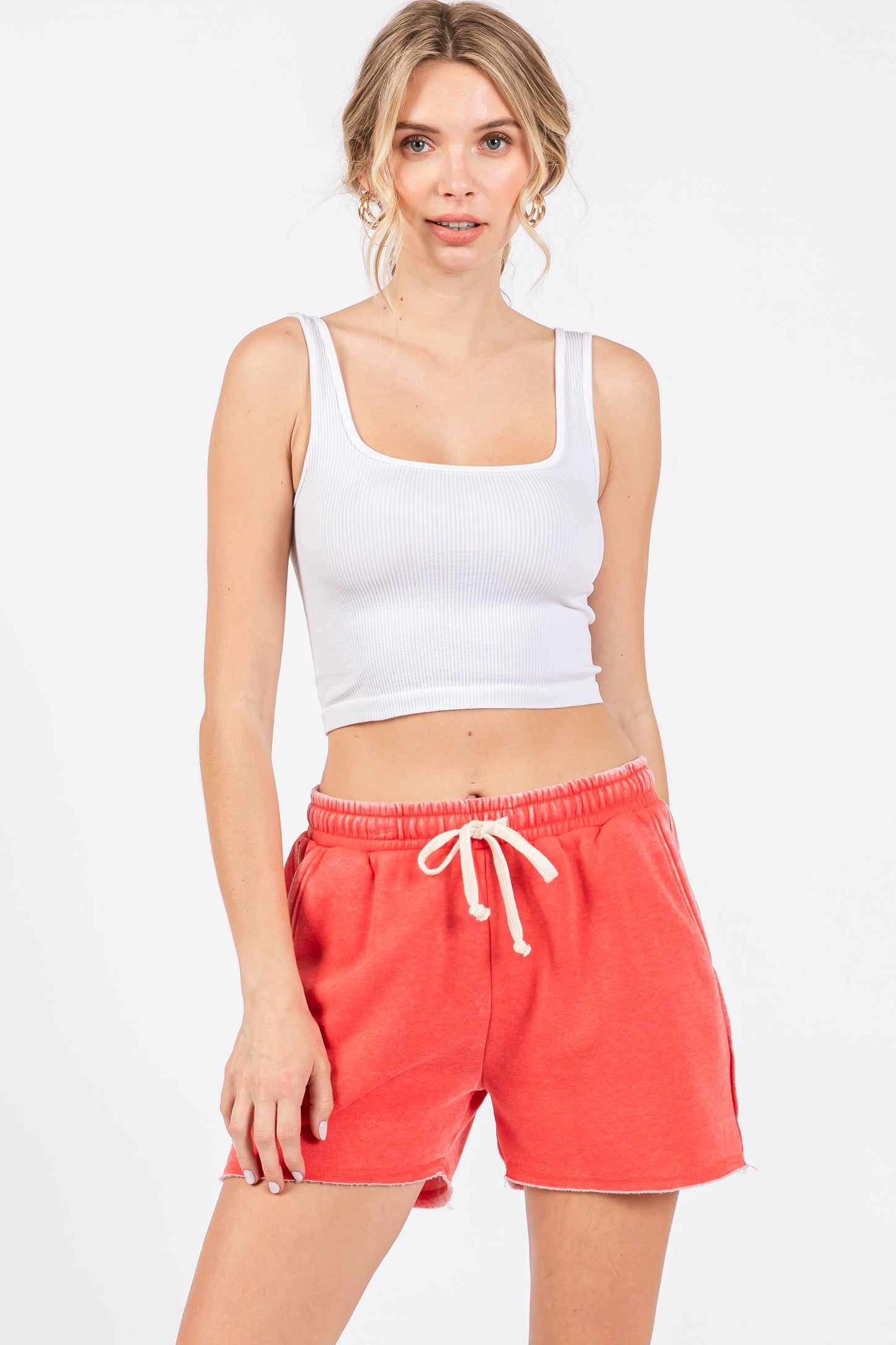 Red Vintage Wash Drawstring Shorts