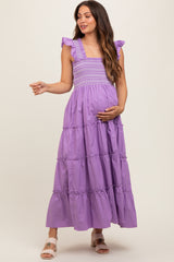 Lavender Embroidered Smocked Maternity Midi Dress