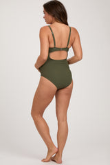 Olive Ribbed V-Neck Ruched Back Cut-Out One Piece Maternity Swimsuit