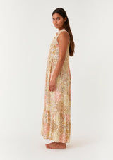 Peach Floral Sleeveless Button Tiered Collared Maxi Dress