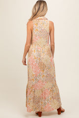 Peach Floral Sleeveless Button Tiered Collared Maternity Maxi Dress