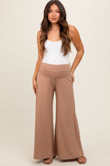 Mocha Ribbed Foldover Waist Maternity Wide Leg Pants