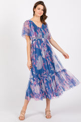 Blue Leaf Print Mesh Smocked Midi Dress