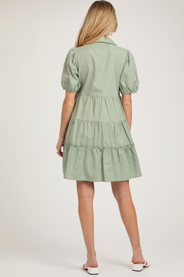 Light Olive Collared Tiered Maternity Dress