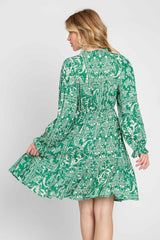 Green Paisley Floral Ruffle Neck Button Front Dress