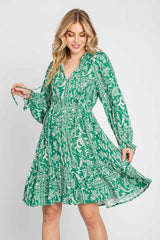 Green Paisley Floral Ruffle Neck Button Front Dress