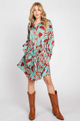 Brown Leaf Print Satin Button Down Dress