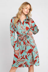 Brown Leaf Print Satin Button Down Dress