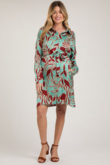 Brown Leaf Print Satin Button Down Maternity Dress