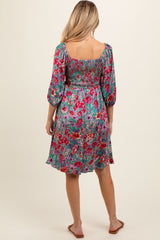 Green Floral Smocked Knee-Length Maternity Dress