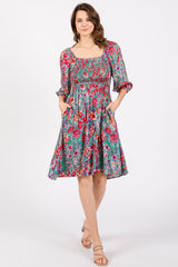 Green Floral Smocked Knee-Length Maternity Dress