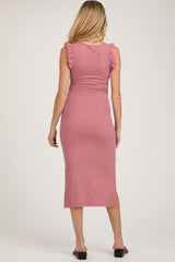 Mauve Ribbed Ruffle Shoulder Side Slit Maternity Midi Dress