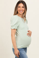 Sage Ribbed Puff Sleeve Maternity Top