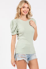 Sage Ribbed Puff Sleeve Top