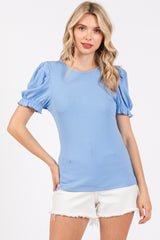 Blue Ribbed Puff Sleeve Maternity Top