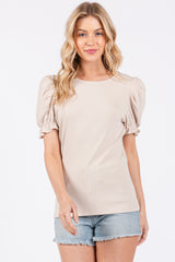 Beige Ribbed Puff Sleeve Maternity Top