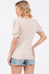 Beige Ribbed Puff Sleeve Top