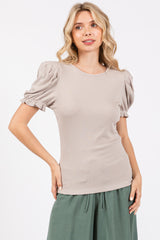 Taupe Ribbed Puff Sleeve Top