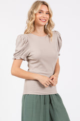 Taupe Ribbed Puff Sleeve Top